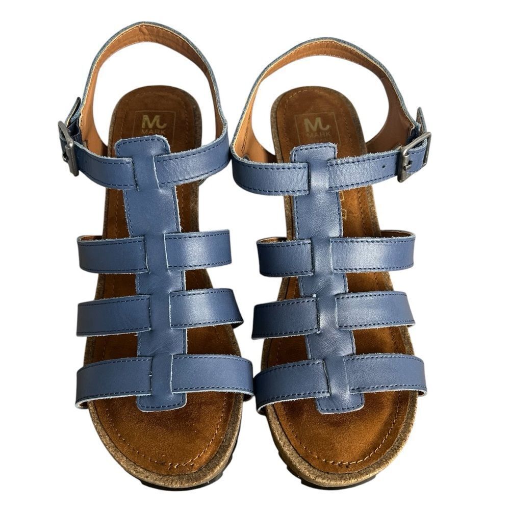 Mark Jenkins Wedge Sandals size 9M Blue Leather Strappy Buckle Snake Heel Shoes